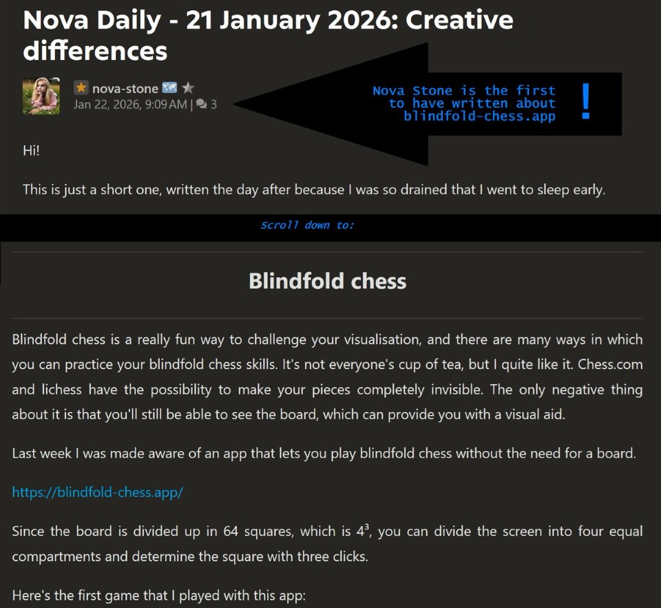 A screenshot of a blog post by Nova Stone, dated January 2026, writing about blindfold-chess.app.